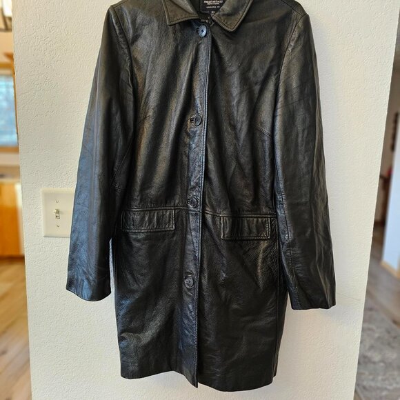 American Eagle Outfitters -  Long Black Leather Coat - Buttons Up - Lined  -Sz L - Picture 3 of 9
